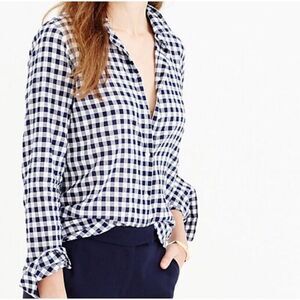 J CREW FACTORY Navy Blue White Gingham Button Down Shirt Sz XS